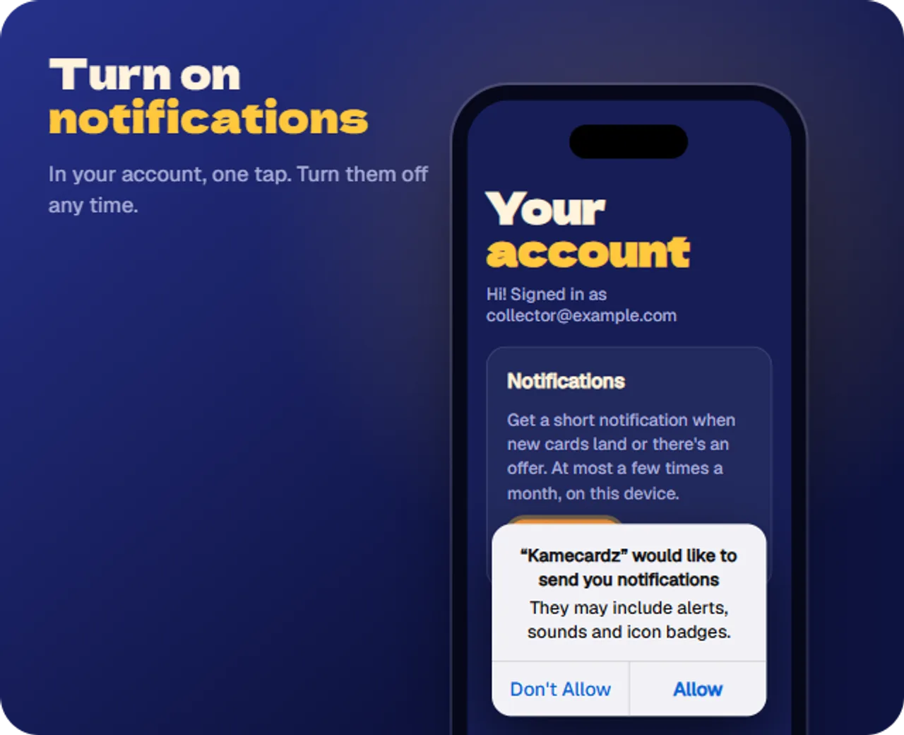 Turning on notifications in the Kamecardz account